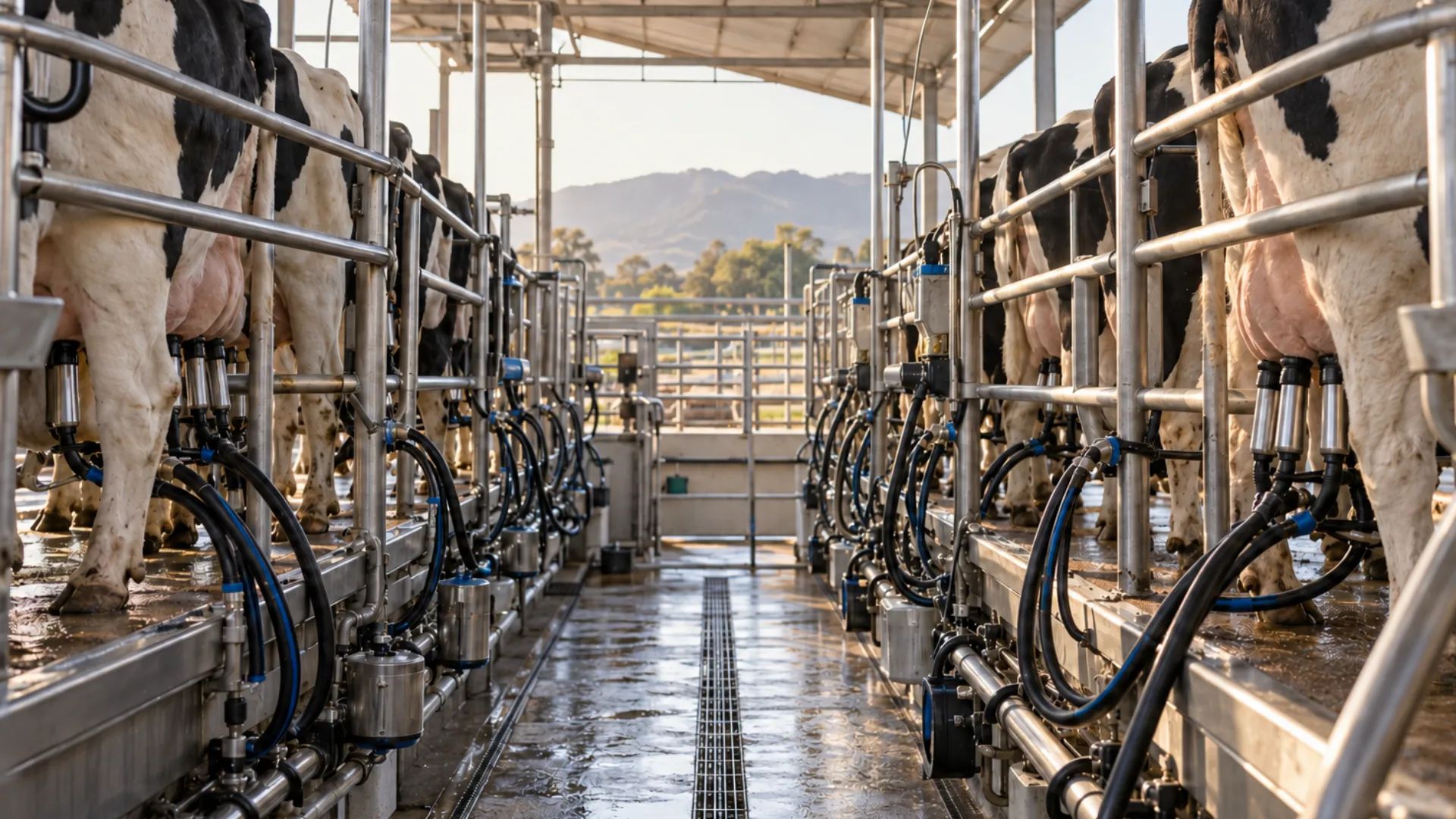 Vacas con unidades de ordeño colocadas a ambos lados del pasillo de una sala de ordeño.